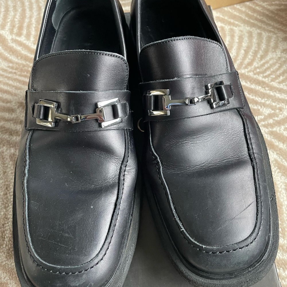 Gucci Black Leather Loafers with Silver Buckle